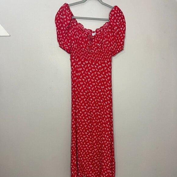 & Other Stories Red Floral Puff Sleeve Milkmaid Maxi Dress Cottagecore Coquette - Picture 5 of 15
